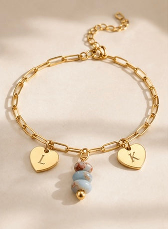 Bracelet Personnalisé Cœurs & Pierre Naturelle – Plaqué Or 18K